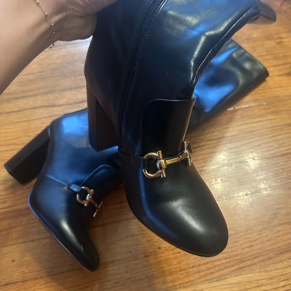 HORSEBIT BUCKLE KNEE HIGH BOOTS GOLD BUCKLE BLOCK HEEL BOOTS FAUX LEATHER VEGAN - Picture 4 of 16